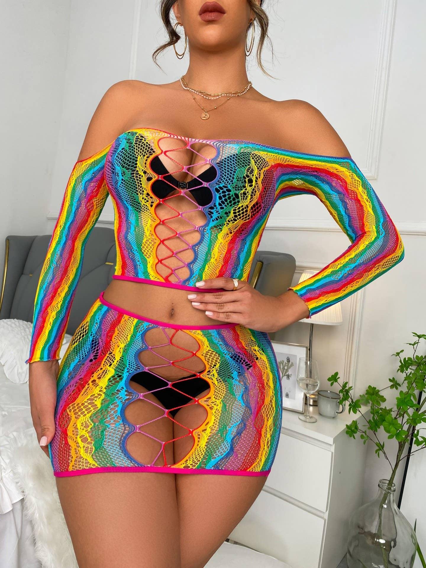 Off Shoulder Rainbow Color Fishnet Bodystocking CS05 - SWEETKAMA