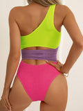 One Shoulder Color Block One Piece Swimwear C3168 - SWEETKAMA