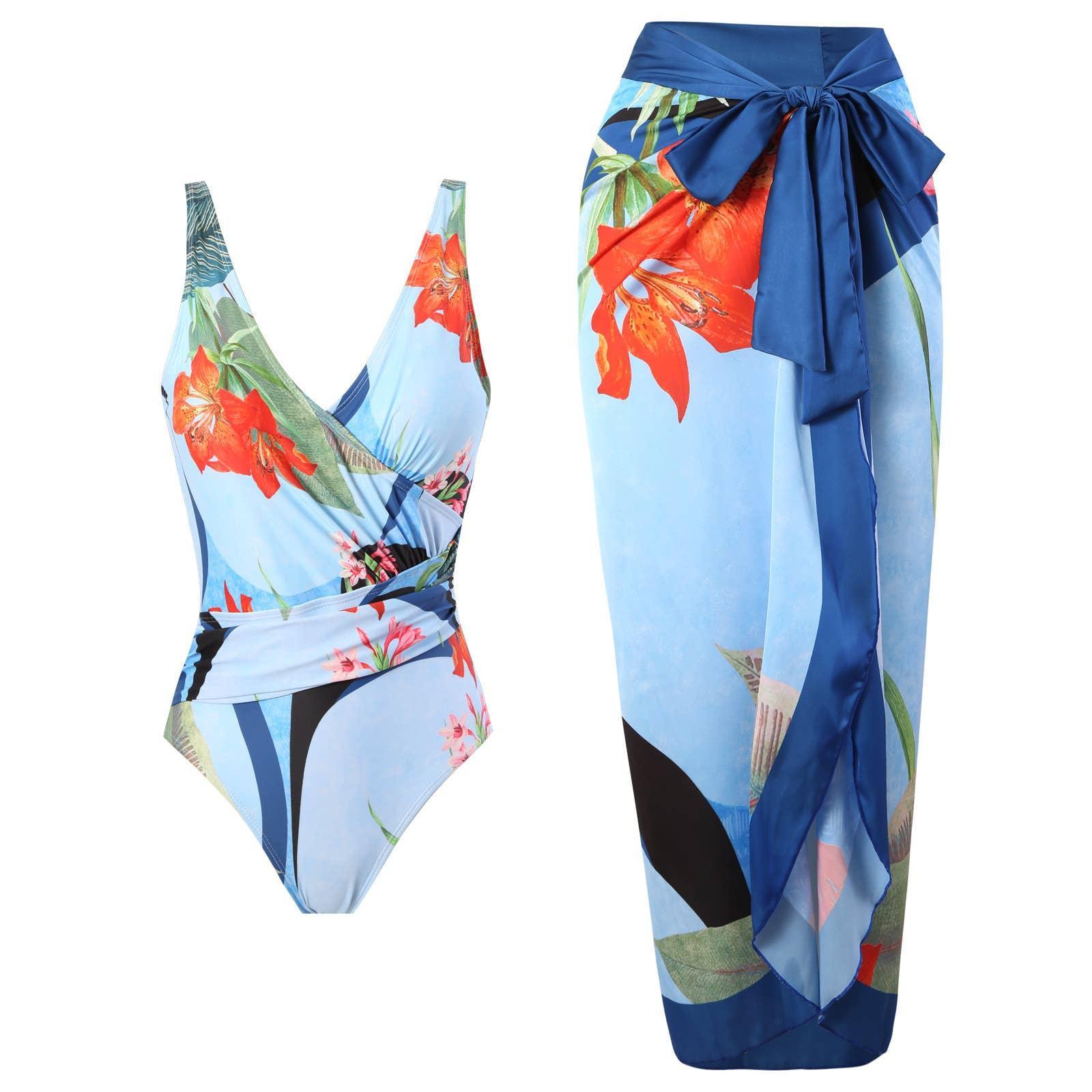 Open Back Wrap Front One Piece Swimsuit with Cover Up Y107 - SWEETKAMA