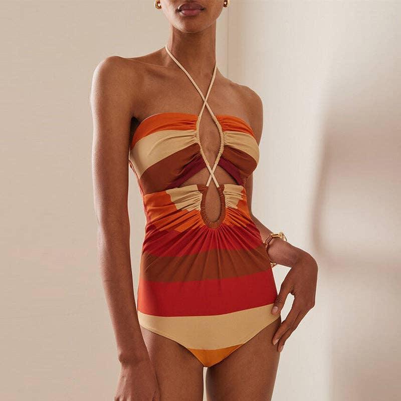 Orange Stripe One Piece Swimwear with Cover Y180 - SWEETKAMA