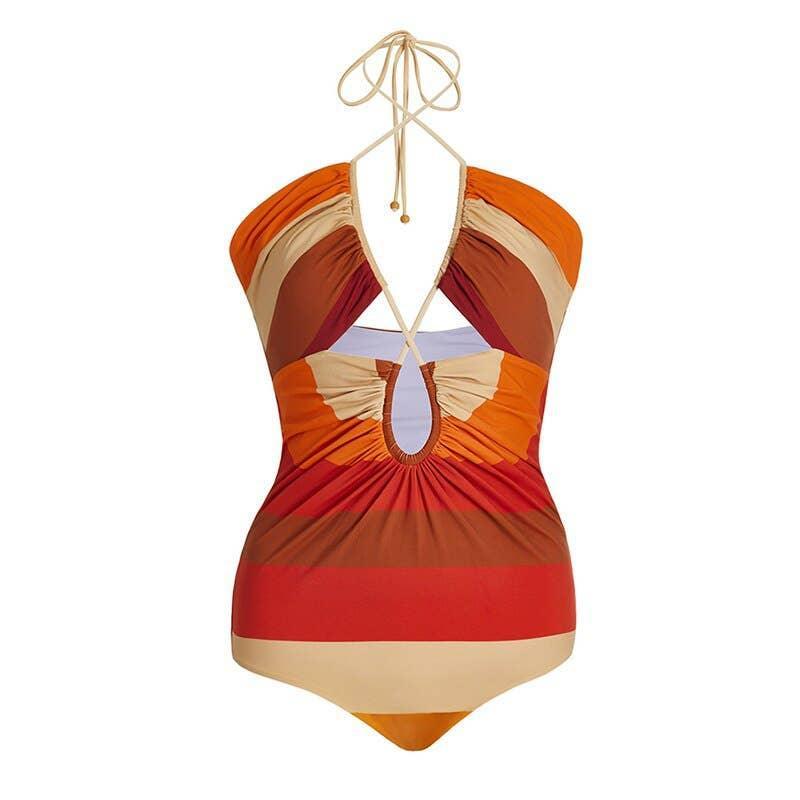 Orange Stripe One Piece Swimwear with Cover Y180 - SWEETKAMA