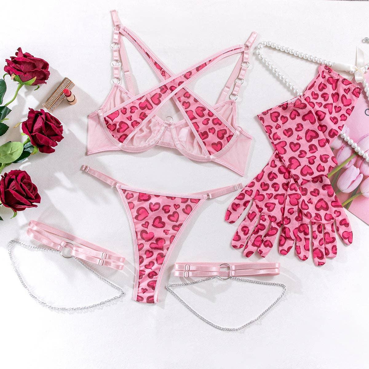 Pink Leopard Print Lingerie Set R1027A - SWEETKAMA