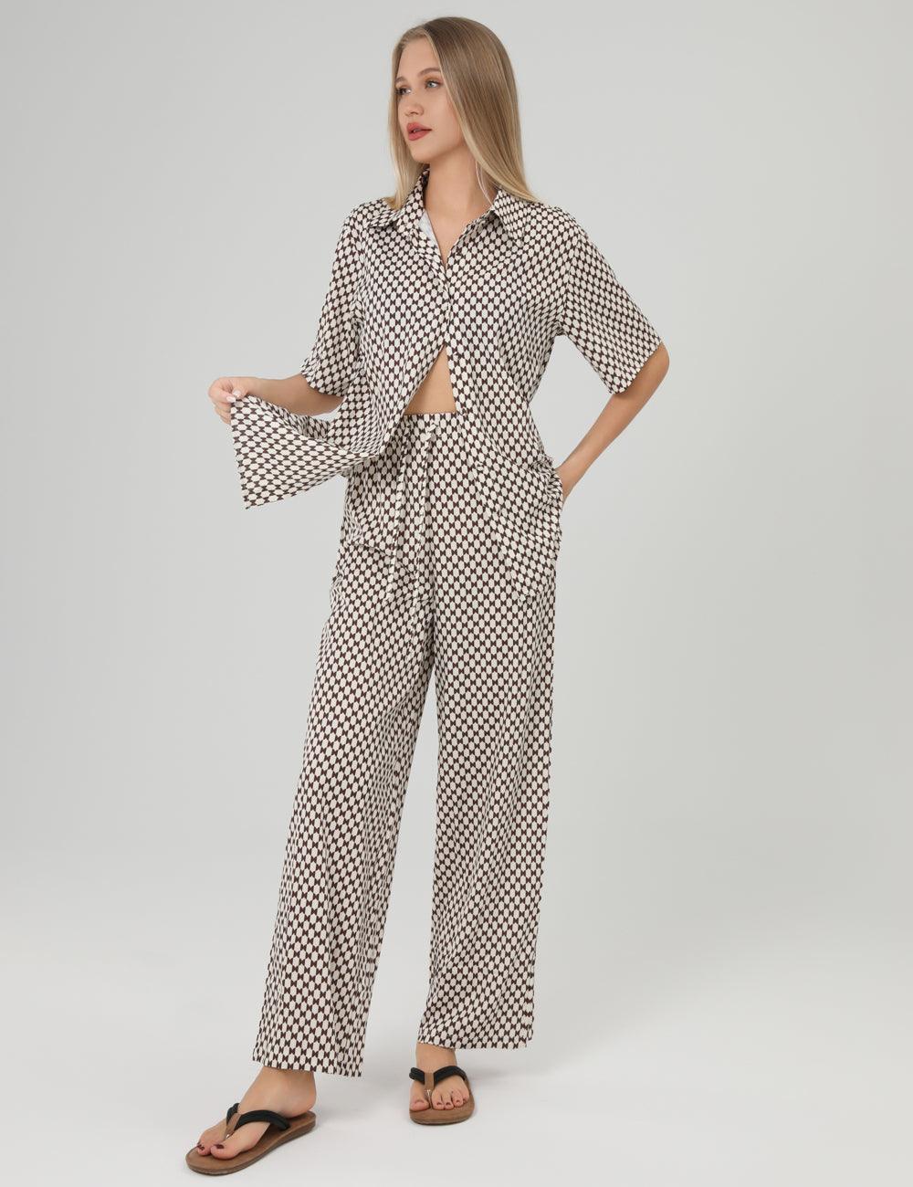 Plaid Lapel Shirt Loose Long Pants Set 2SYCK1650B - SWEETKAMA