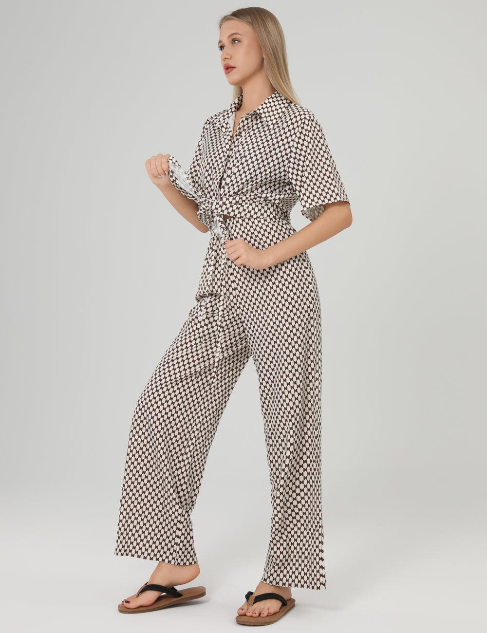 Plaid Lapel Shirt Loose Long Pants Set 2SYCK1650B - SWEETKAMA