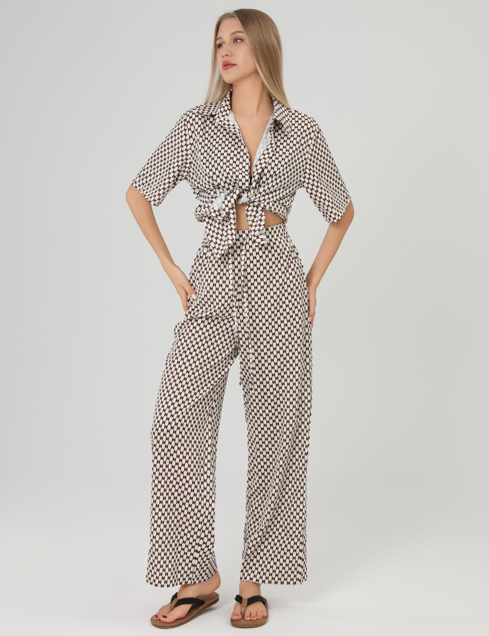Plaid Lapel Shirt Loose Long Pants Set 2SYCK1650B - SWEETKAMA