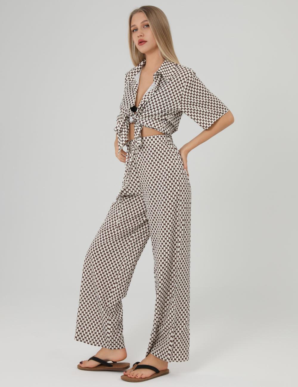 Plaid Lapel Shirt Loose Long Pants Set 2SYCK1650B - SWEETKAMA