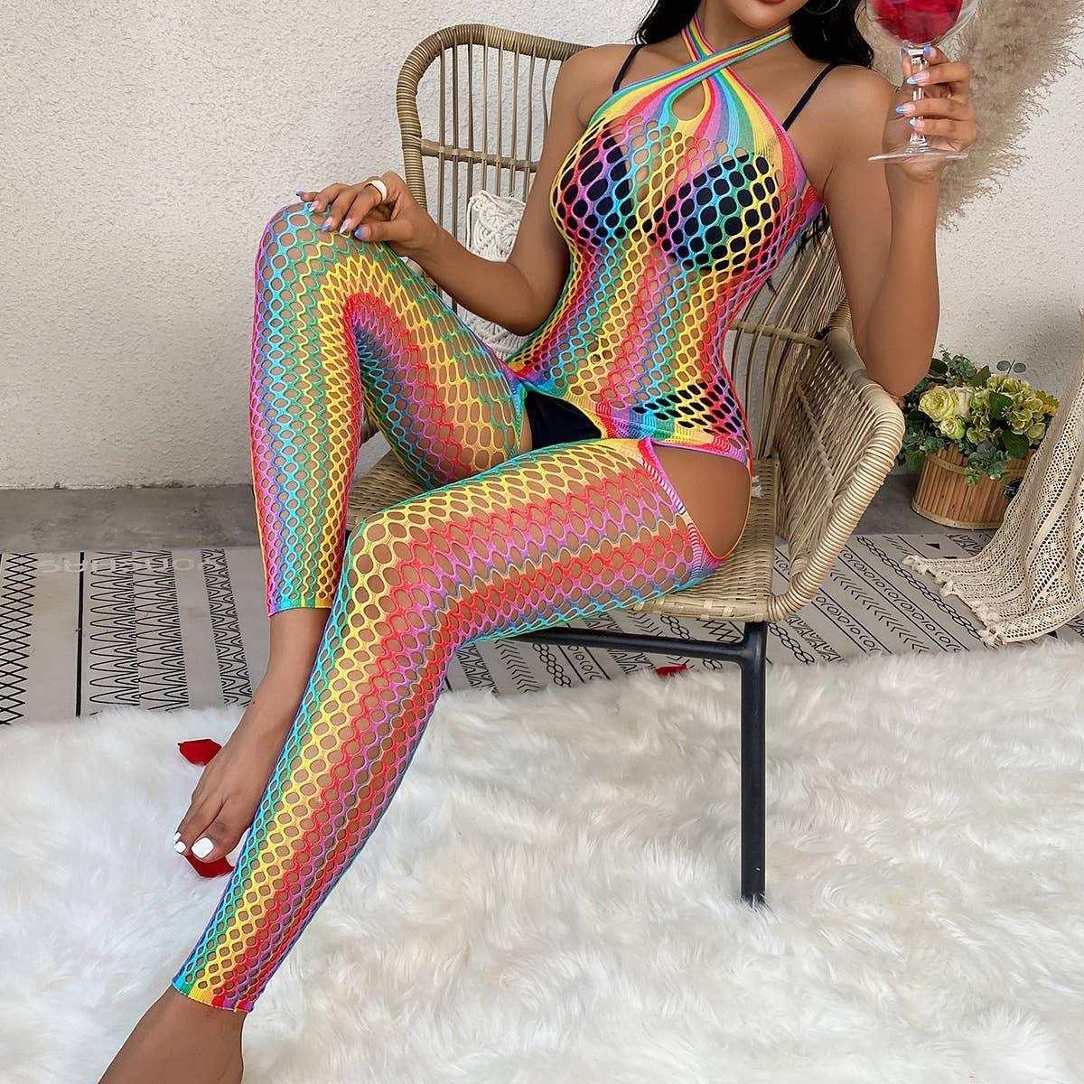 Rainbow Color Fishnet See Through Bodystocking WY-2110107 - SWEETKAMA