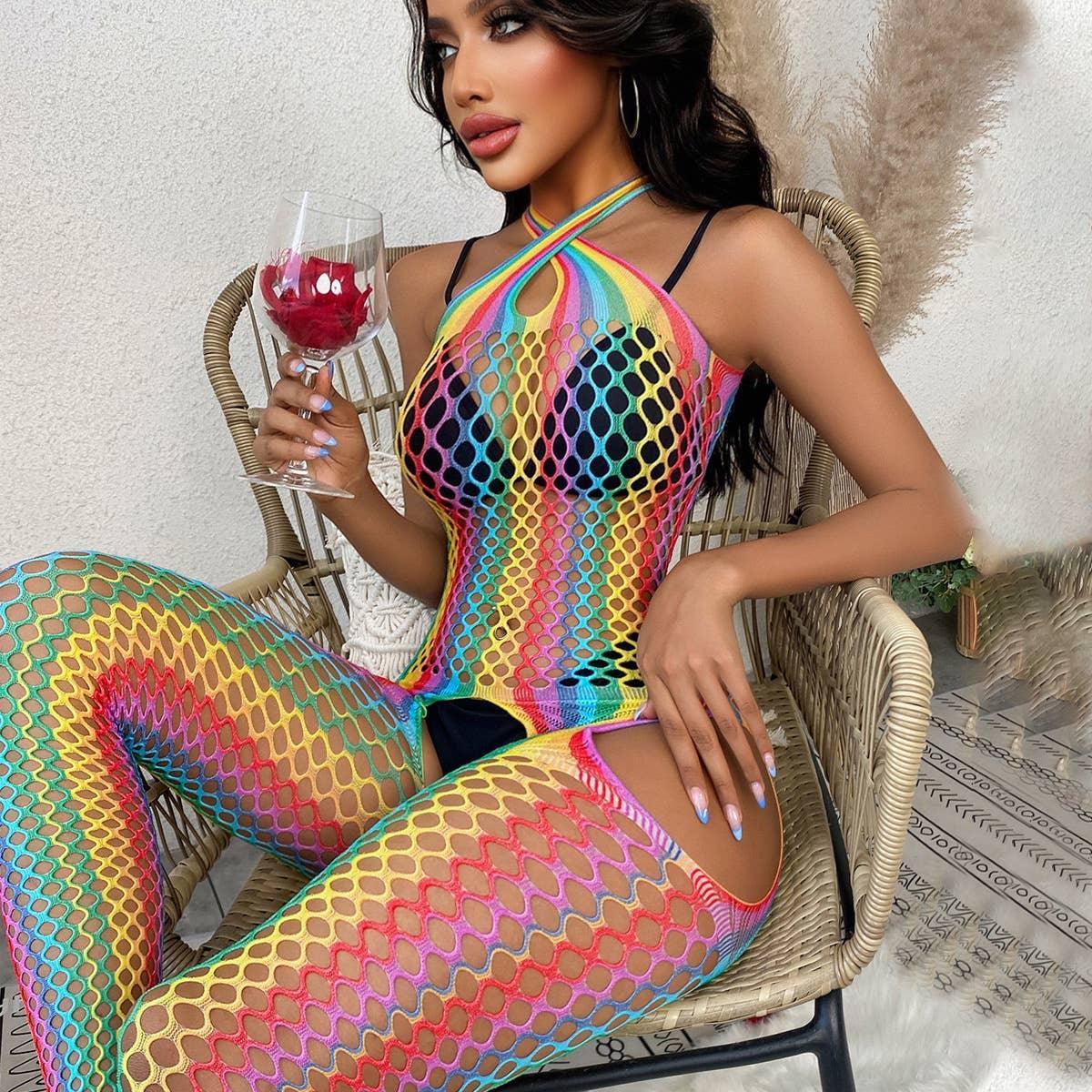 Rainbow Color Fishnet See Through Bodystocking WY-2110107 - SWEETKAMA