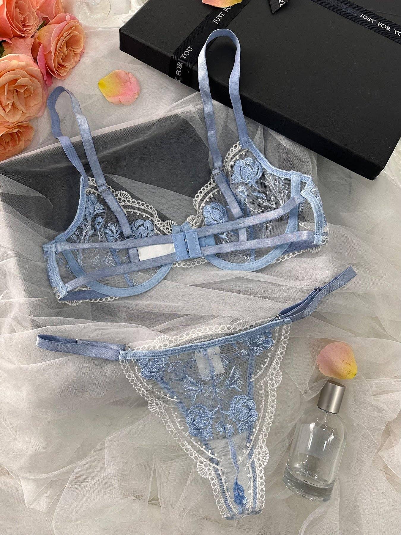 Rose Embroidery Lace Perspective Lingerie Set HF-4174 - SWEETKAMA