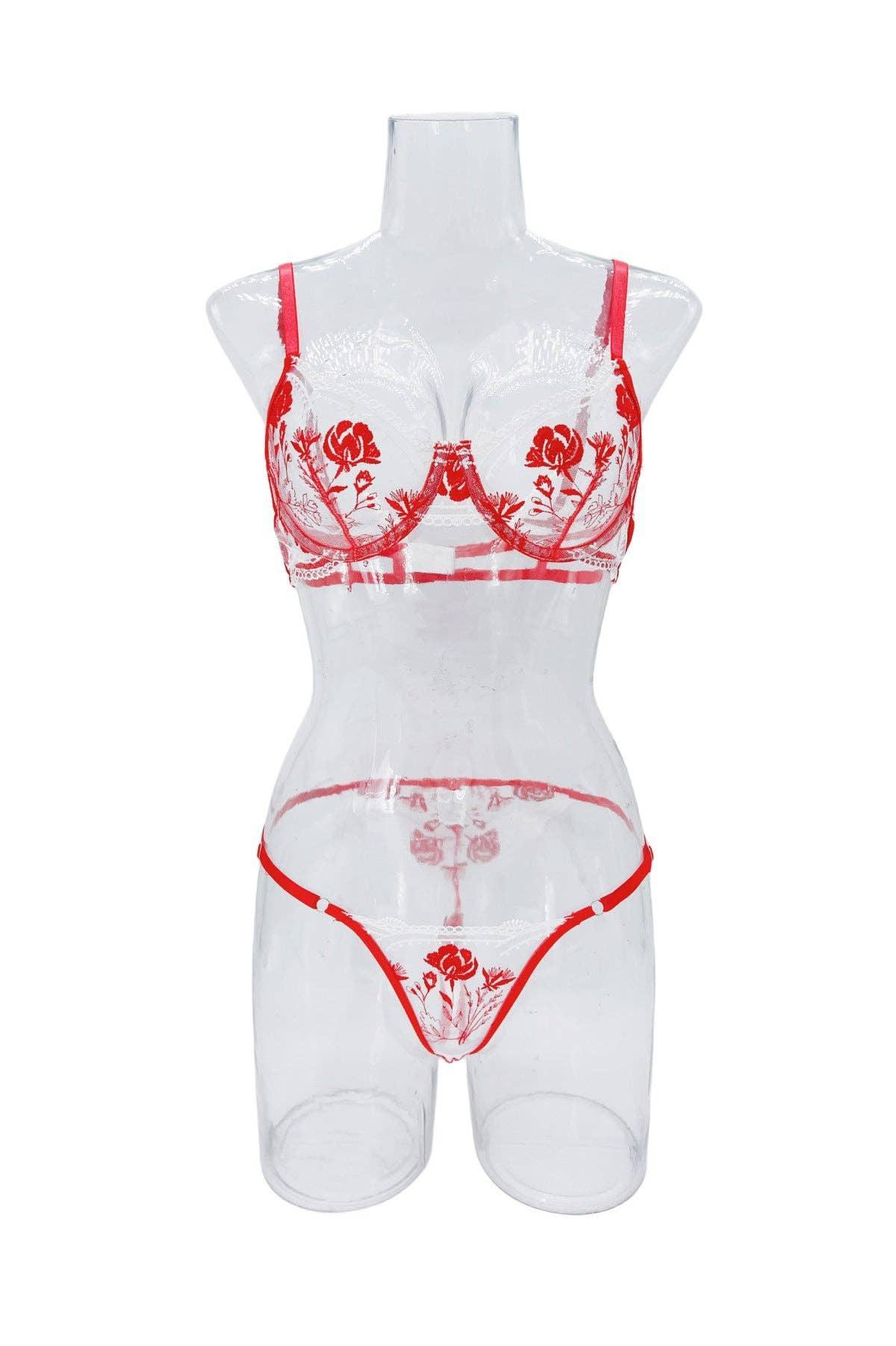 Rose Embroidery Lace Perspective Lingerie Set HF-4174 - SWEETKAMA