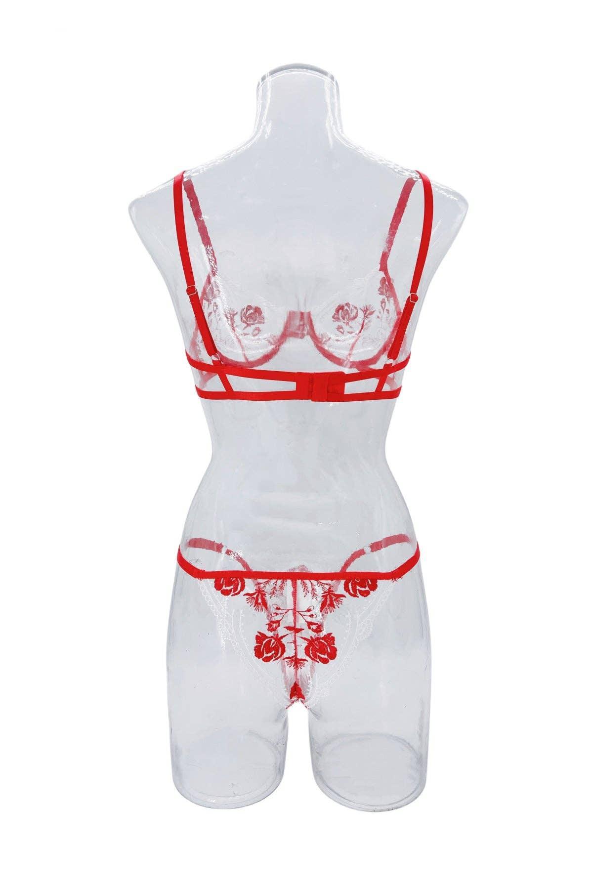 Rose Embroidery Lace Perspective Lingerie Set HF-4174 - SWEETKAMA