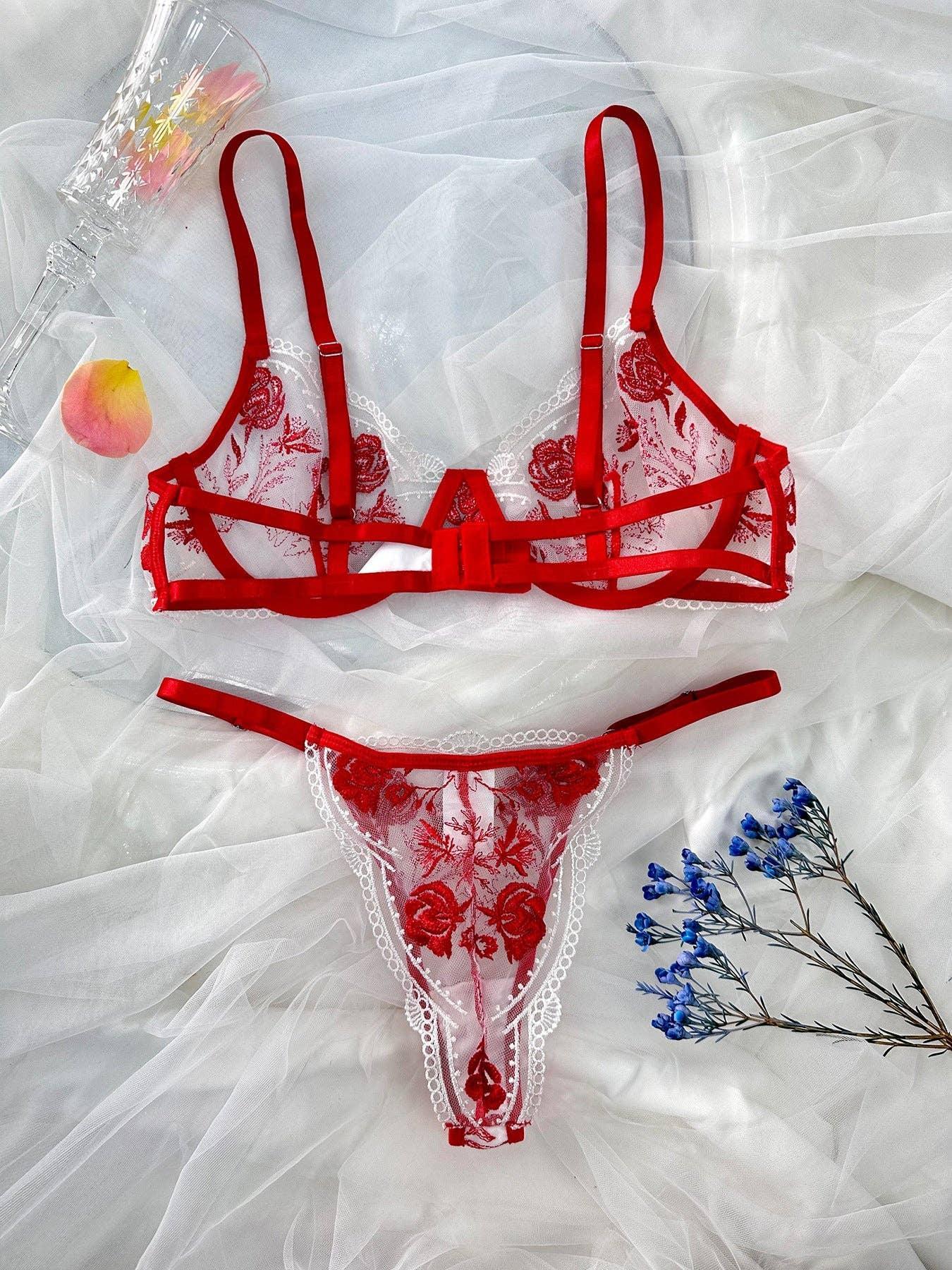 Rose Embroidery Lace Perspective Lingerie Set HF-4174 - SWEETKAMA