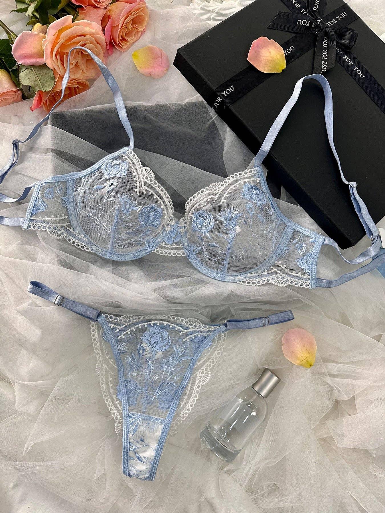Rose Embroidery Lace Perspective Lingerie Set HF-4174 - SWEETKAMA