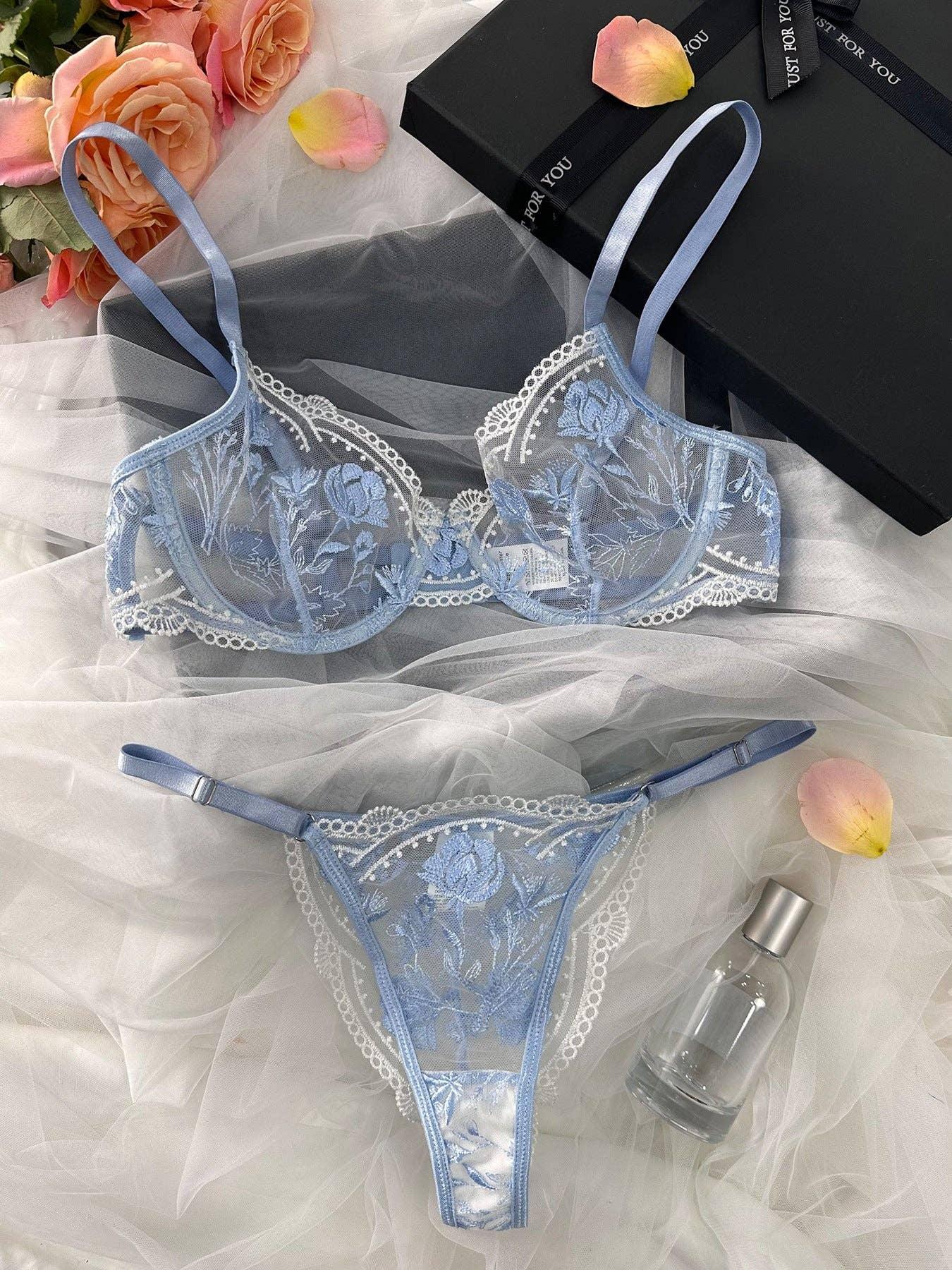 Rose Embroidery Lace Perspective Lingerie Set HF-4174 - SWEETKAMA