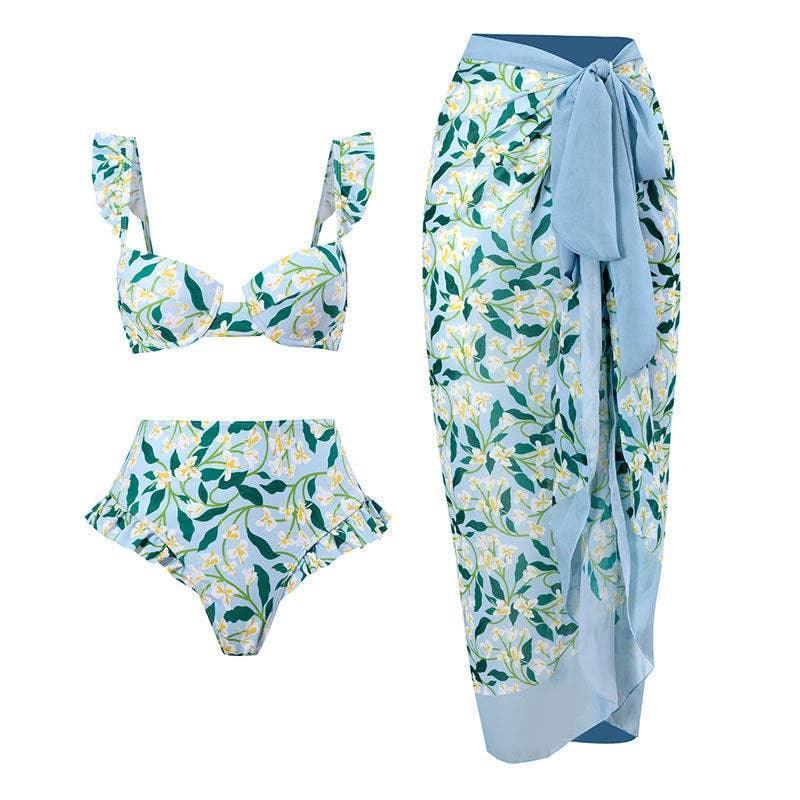 Ruffle Shoulder and Bottom 2PCS Bikini Set with Wrap Y61 - SWEETKAMA