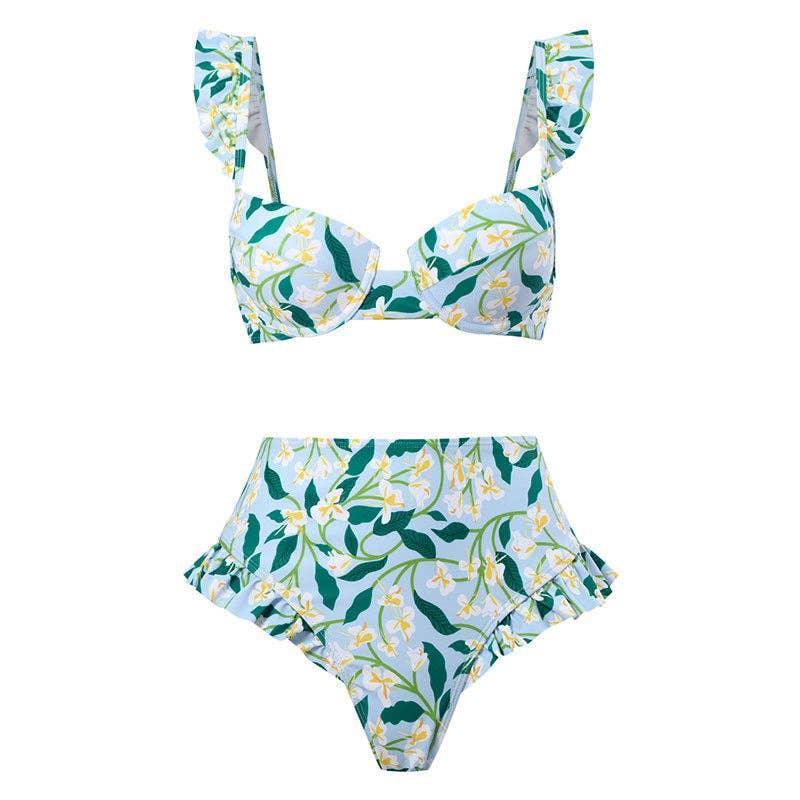 Ruffle Shoulder and Bottom 2PCS Bikini Set with Wrap Y61 - SWEETKAMA