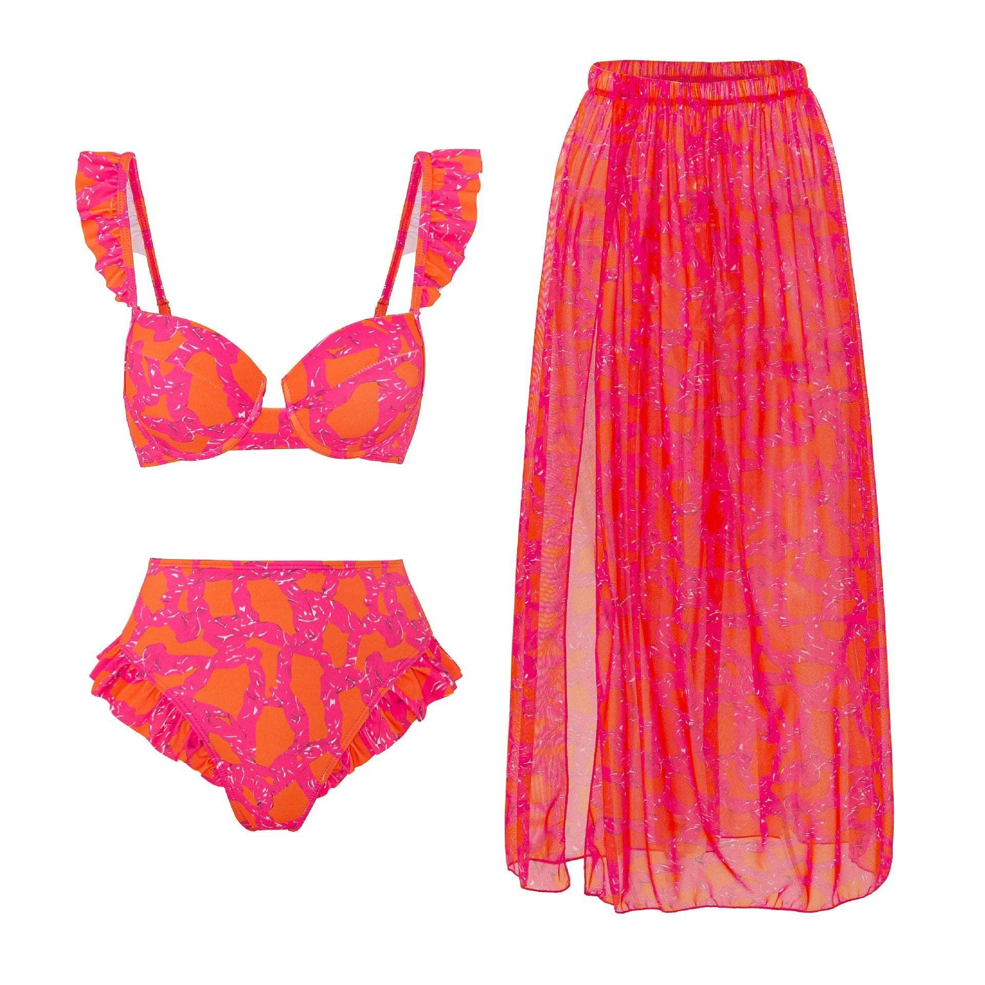 Ruffle Shoulder and Bottom 2PCS Bikini Set with Wrap Y61 - SWEETKAMA