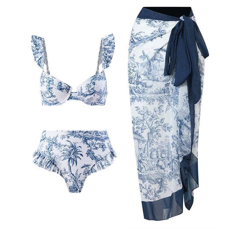 Ruffle Shoulder and Bottom 2PCS Bikini Set with Wrap Y61 - SWEETKAMA
