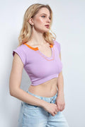Seamless Color Block Short Sleeve T-shirt Crop Top SKT3008 - SWEETKAMA