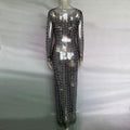 See Through Sparkle Rhinestone Pearl Mesh Maxi Dress SKD21067 - SWEETKAMA