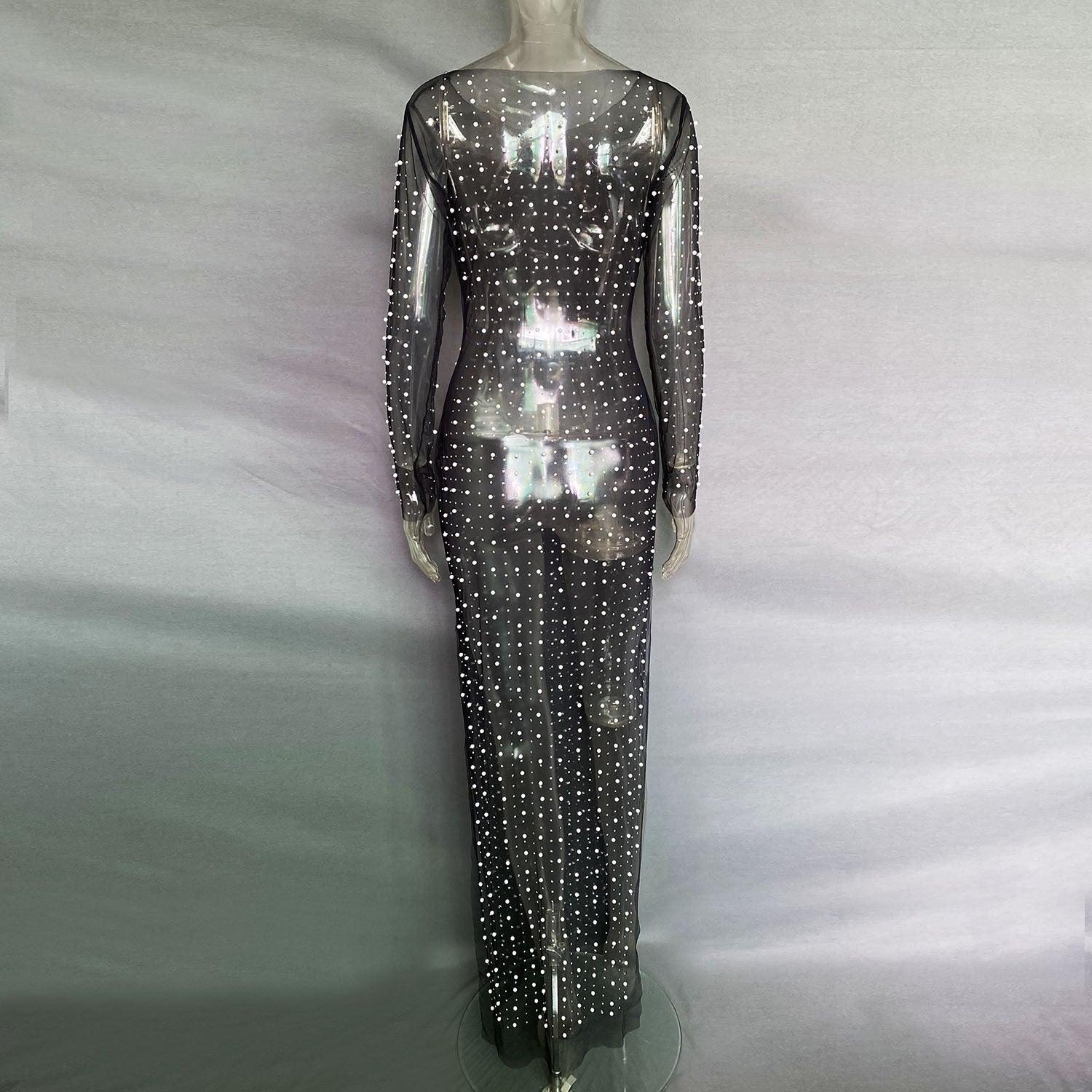 See Through Sparkle Rhinestone Pearl Mesh Maxi Dress SKD21067 - SWEETKAMA