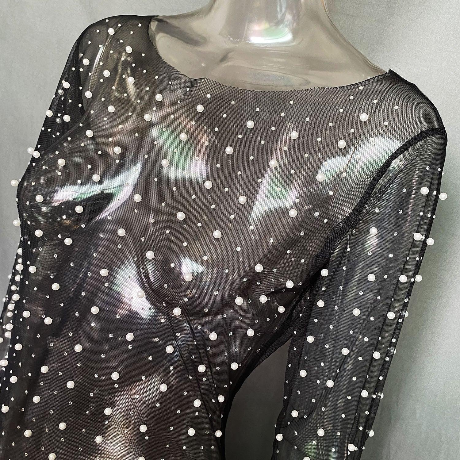 See Through Sparkle Rhinestone Pearl Mesh Maxi Dress SKD21067 - SWEETKAMA