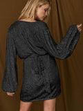 Sequin Deep V-Neeck Lattern Long Sleeves Dress EQJR - SWEETKAMA