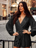 Sequin Deep V-Neeck Lattern Long Sleeves Dress EQJR - SWEETKAMA