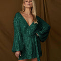 Sequin Deep V-Neeck Lattern Long Sleeves Dress EQJR - SWEETKAMA