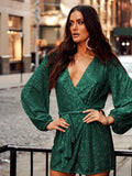 Sequin Deep V-Neeck Lattern Long Sleeves Dress EQJR - SWEETKAMA