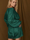 Sequin Deep V-Neeck Lattern Long Sleeves Dress EQJR - SWEETKAMA