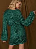 Sequin Deep V-Neeck Lattern Long Sleeves Dress EQJR - SWEETKAMA