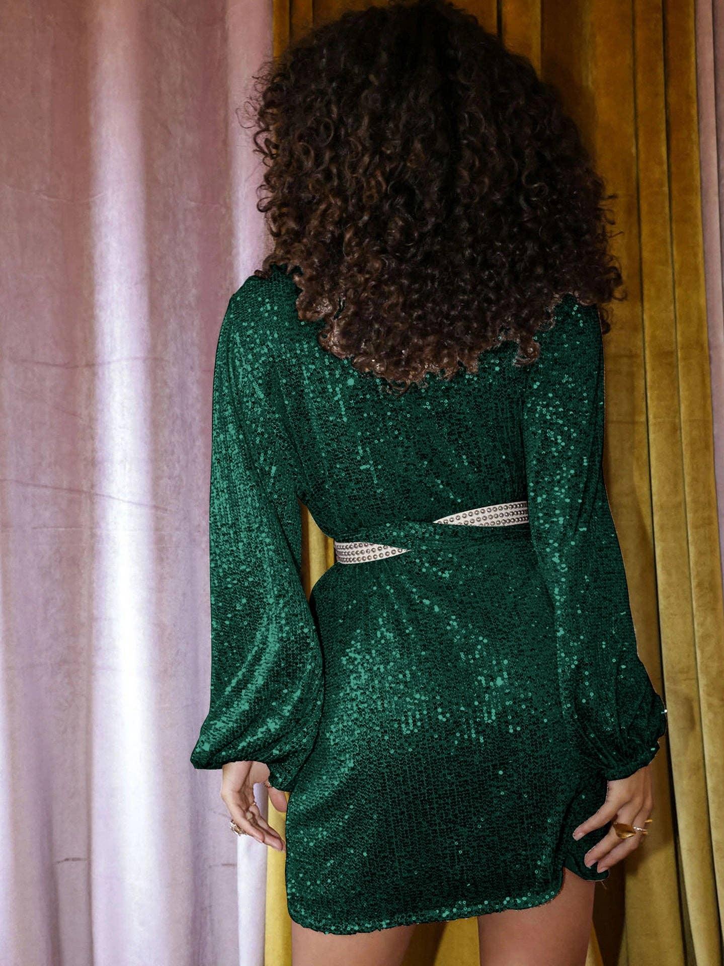 Sequin Deep V-Neeck Lattern Long Sleeves Dress EQJR - SWEETKAMA