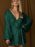 Sequin Deep V-Neeck Lattern Long Sleeves Dress EQJR - SWEETKAMA