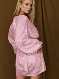 Sequin Deep V-Neeck Lattern Long Sleeves Dress EQJR - SWEETKAMA