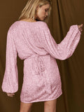 Sequin Deep V-Neeck Lattern Long Sleeves Dress EQJR - SWEETKAMA