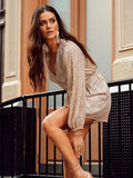 Sequin Deep V-Neeck Lattern Long Sleeves Dress EQJR - SWEETKAMA