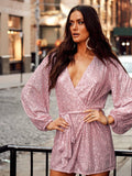 Sequin Deep V-Neeck Lattern Long Sleeves Dress EQJR - SWEETKAMA