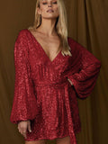 Sequin Deep V-Neeck Lattern Long Sleeves Dress EQJR - SWEETKAMA