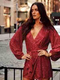 Sequin Deep V-Neeck Lattern Long Sleeves Dress EQJR - SWEETKAMA
