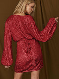 Sequin Deep V-Neeck Lattern Long Sleeves Dress EQJR - SWEETKAMA