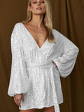 Sequin Deep V-Neeck Lattern Long Sleeves Dress EQJR - SWEETKAMA
