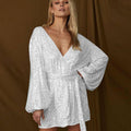Sequin Deep V-Neeck Lattern Long Sleeves Dress EQJR - SWEETKAMA