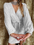 Sequin Deep V-Neeck Lattern Long Sleeves Dress EQJR - SWEETKAMA