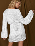 Sequin Deep V-Neeck Lattern Long Sleeves Dress EQJR - SWEETKAMA