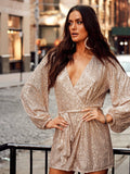 Sequin Deep V-Neeck Lattern Long Sleeves Dress EQJR - SWEETKAMA