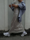 Sequin High Waist Solid Color Long Skirt BSQ0017 - SWEETKAMA