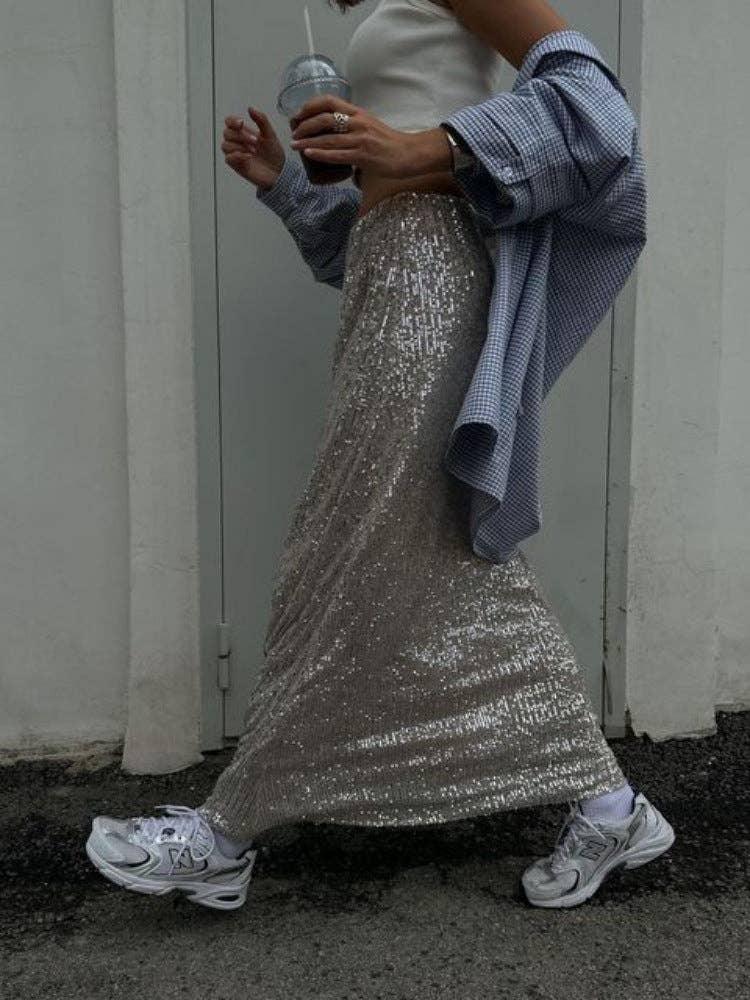 Sequin High Waist Solid Color Long Skirt BSQ0017 - SWEETKAMA