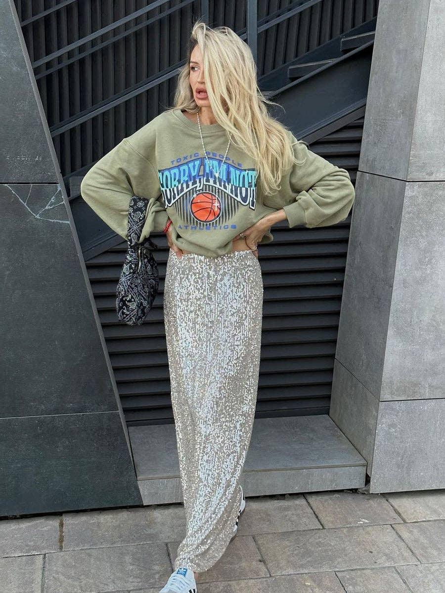 Sequin High Waist Solid Color Long Skirt BSQ0017 - SWEETKAMA