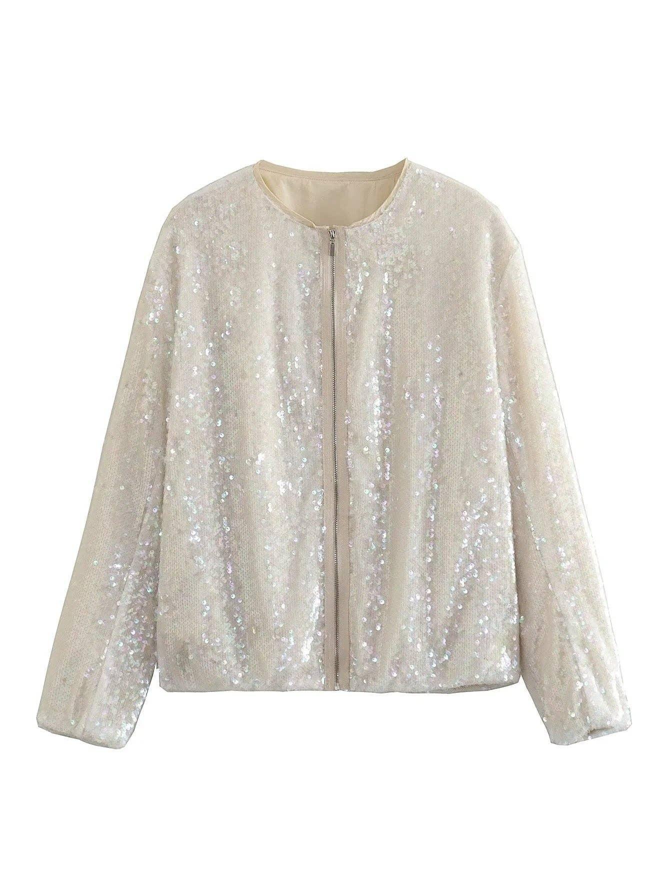 Sequin Long Sleeves Round Neck Women Daily Jacket SH8450 - SWEETKAMA